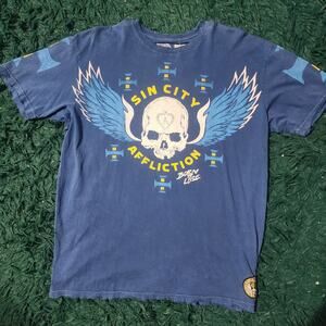 Affliction Sin City Sinners Live Fast Skull Wings Graphic Tee Blue Large